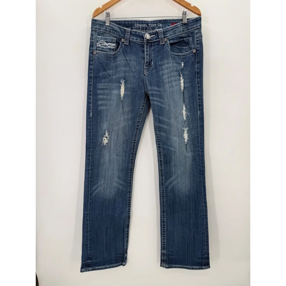 Cowgirl Tuff Bootcut Jeans 33x35 Ain't My Day To Care Distressed Medium Wash